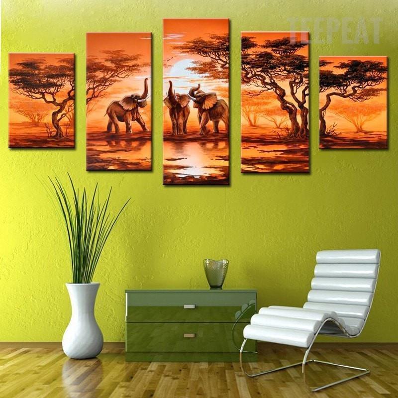 African Elephants Before The Sunset Anime 5 Stck Leinwand Bilder Bedrucken Wandbilder Hddrucke Kunst Poster Rahmenub3G4