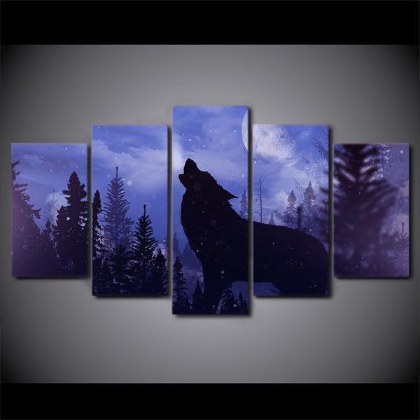 Blue Moon Night Schwarzes Wolfstier 5 Stck Leinwand Bilder Bedrucken Wandbilder Hddrucke Kunst Poster Rahmenq8Av2