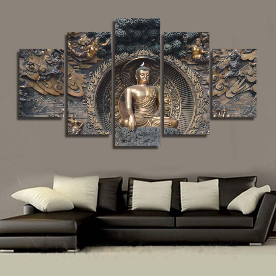 Buddha Statue Buddhism 3 Religion 5 Stck Leinwand Bilder Bedrucken Wandbilder Hddrucke Kunst Poster Rahmenr4D0K