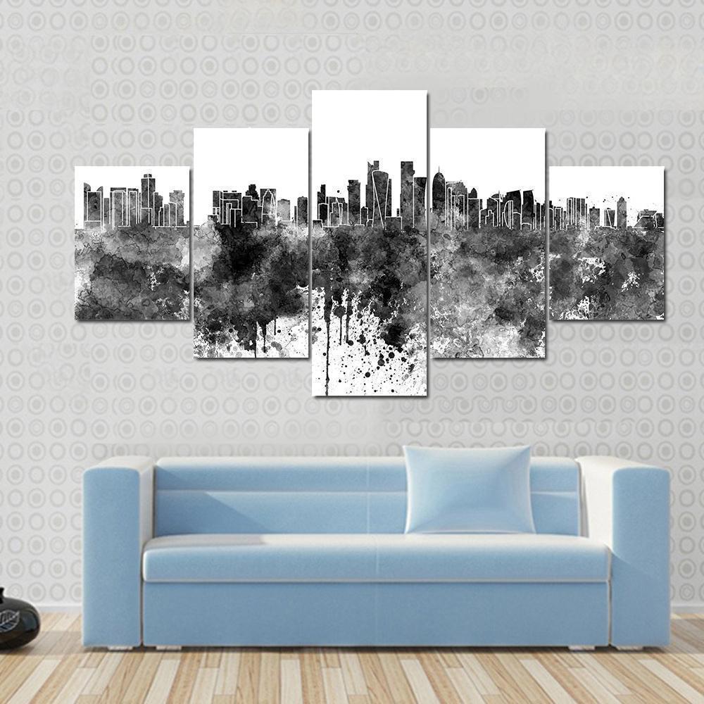 Doha Skyline In Schwarzer Aquarell Abstrakte Natur 5 Stck Leinwand Bilder Bedrucken Wandbilder Hddrucke Kunst Poster Rahmenfbz7S