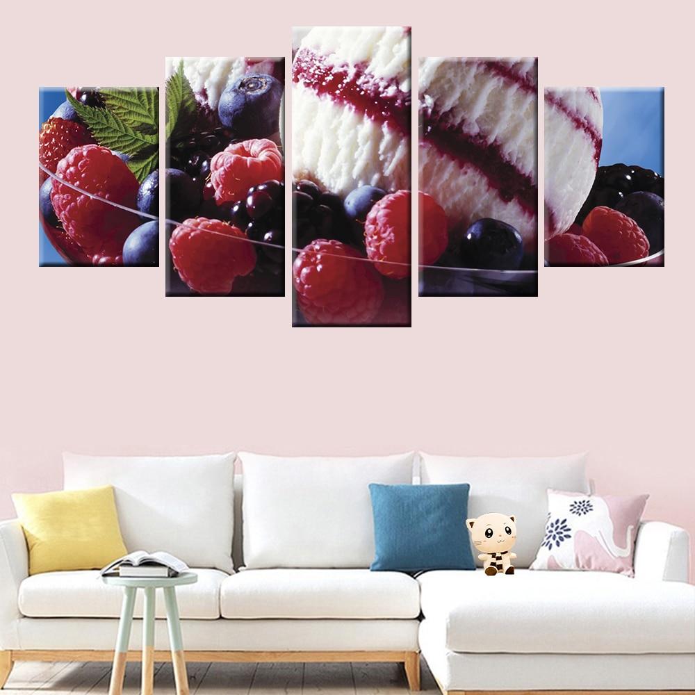 Erdbeereis Obstteller Kche 5 Stck Leinwand Bilder Bedrucken Wandbilder Hddrucke Kunst Poster