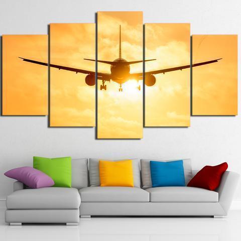 Flugzeug Im Sonnenuntergang Fliegendes Flugzeug 5 Stck Leinwand Bilder Bedrucken Wandbilder Hddrucke Kunst Poster Rahmenl167A