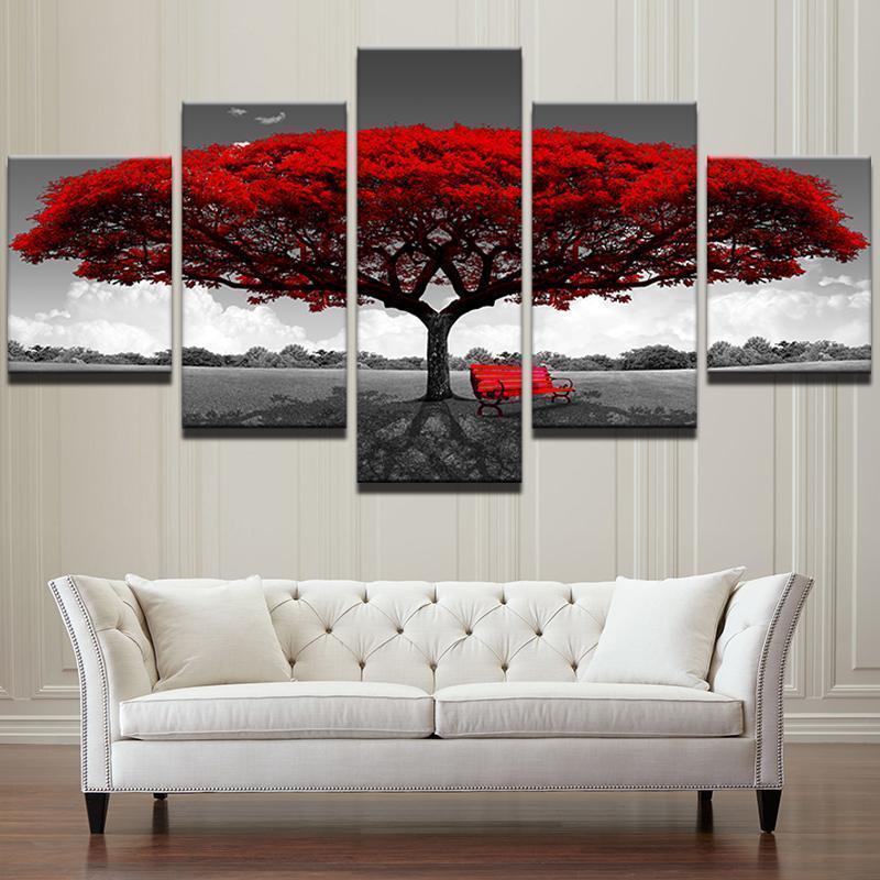 Red Tree Scenery Landscape Nature 5 Stck Leinwand Bilder Bedrucken Wandbilder Hddrucke Kunst Poster Rahmenrzfe3