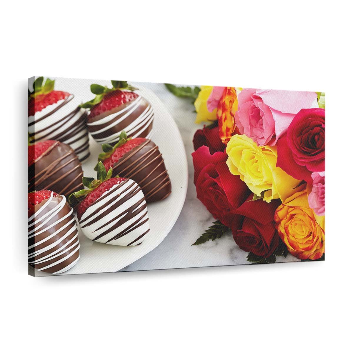 chocolate dipped strawberries and colorful roses wallpaper