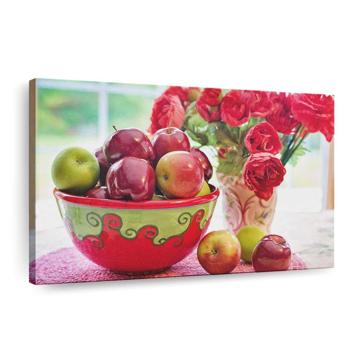 still life apples fruits bowl red flowers in vase wallpaper