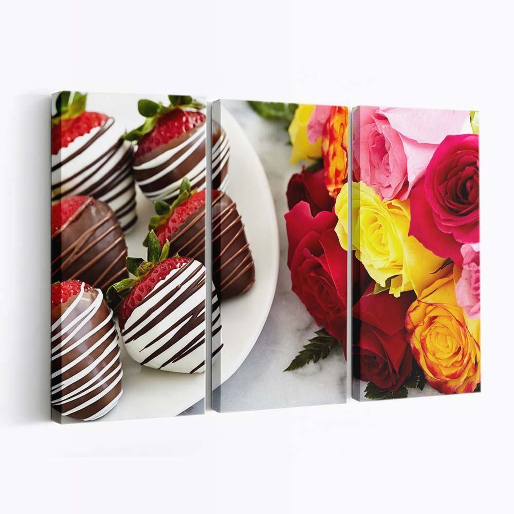 chocolate dipped strawberries and colorful roses wallpaper