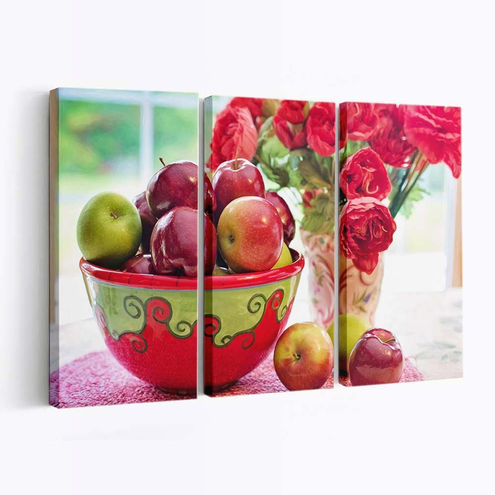still life apples fruits bowl red flowers in vase wallpaper