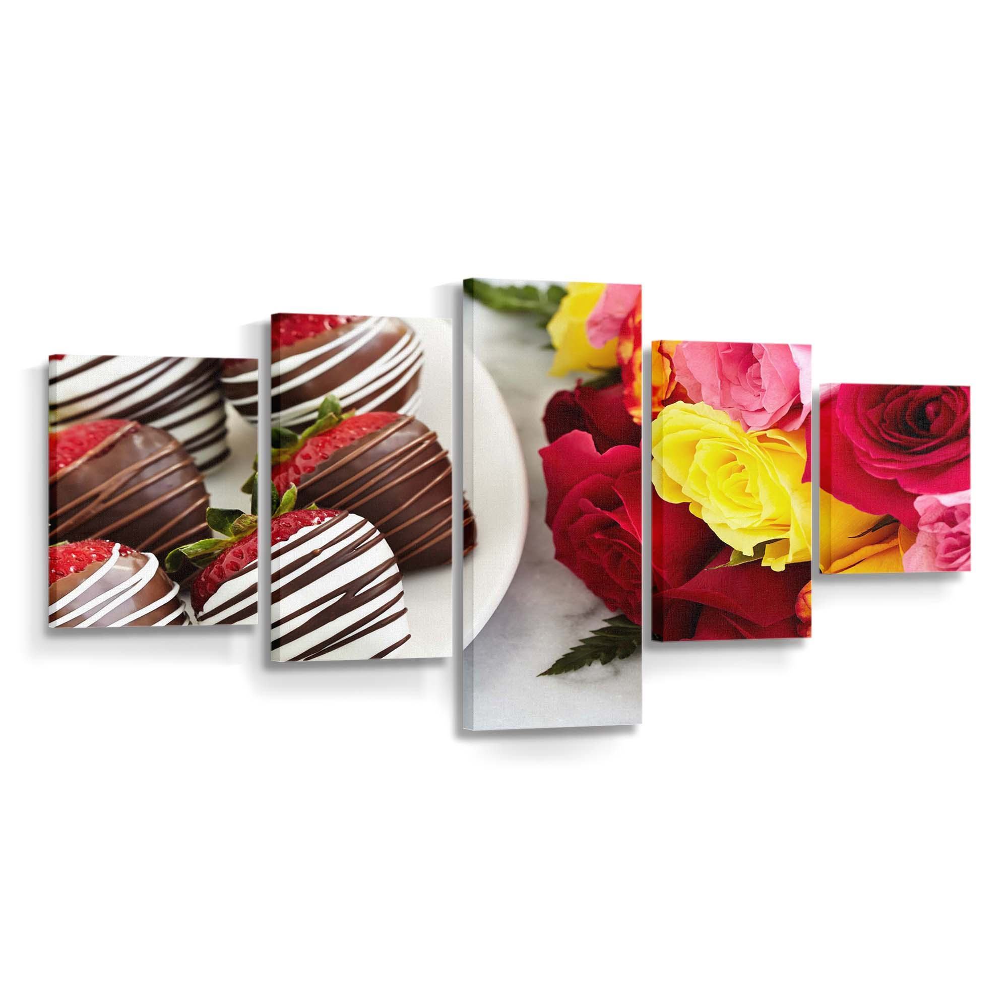 chocolate dipped strawberries and colorful roses wallpaper