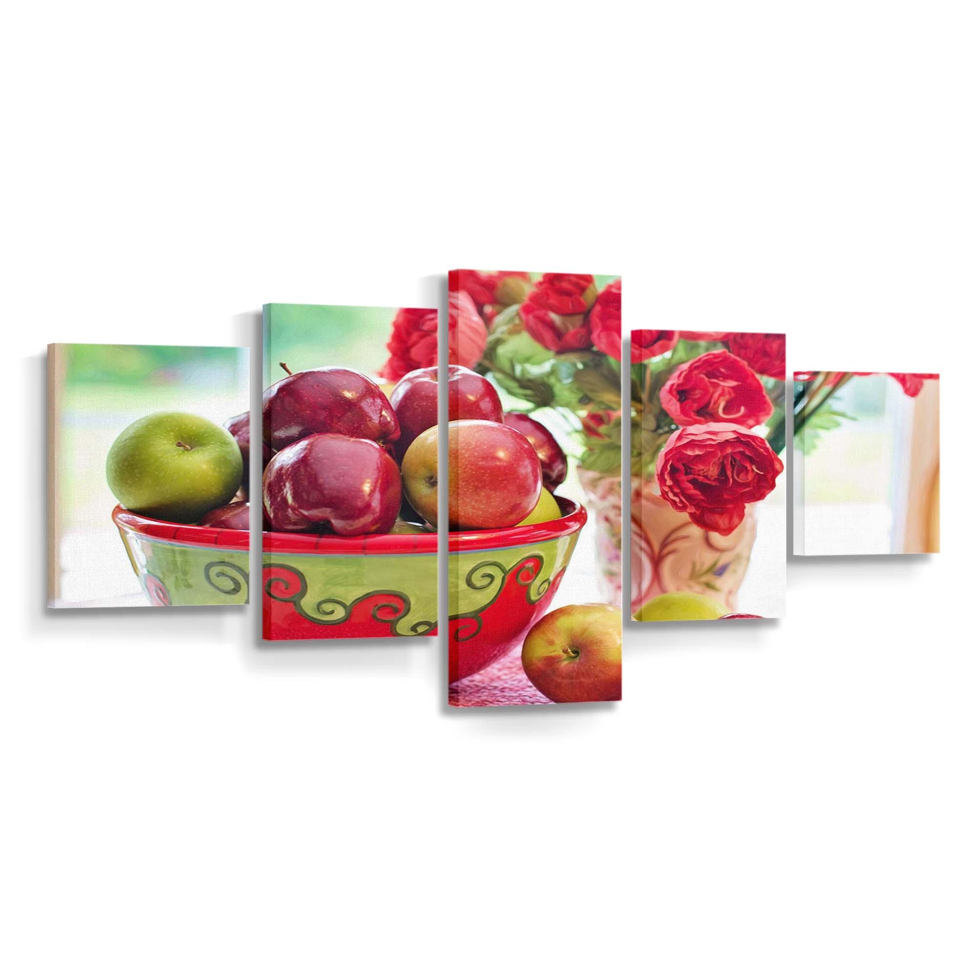 still life apples fruits bowl red flowers in vase wallpaper