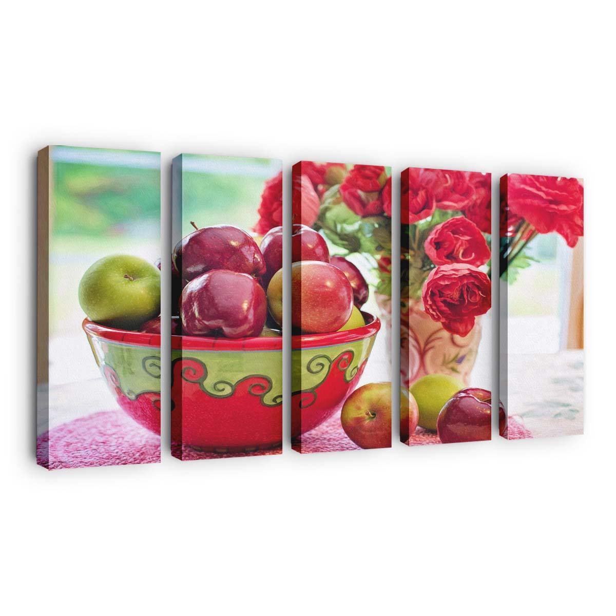 still life apples fruits bowl red flowers in vase wallpaper