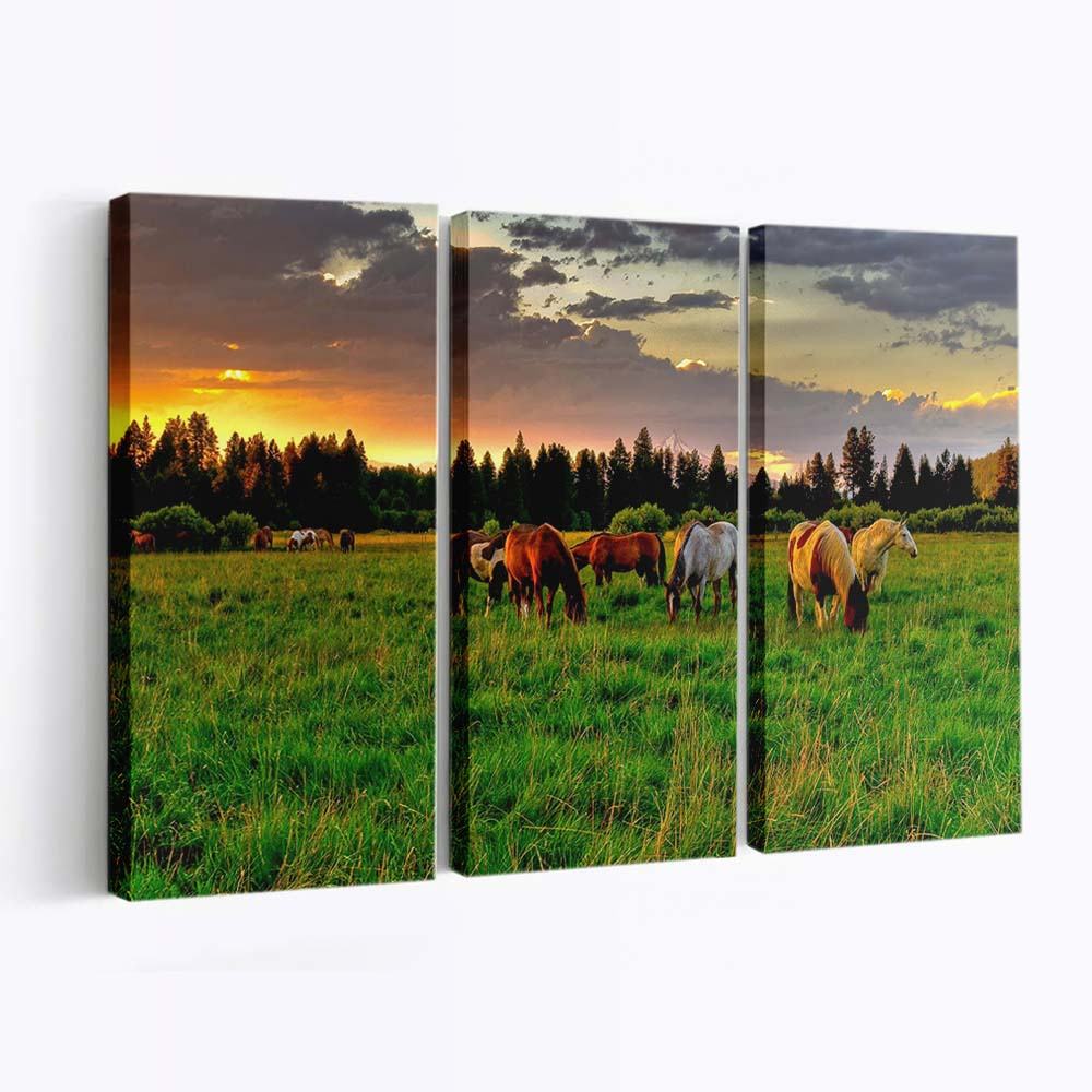 horses grazing in a field wallpaper