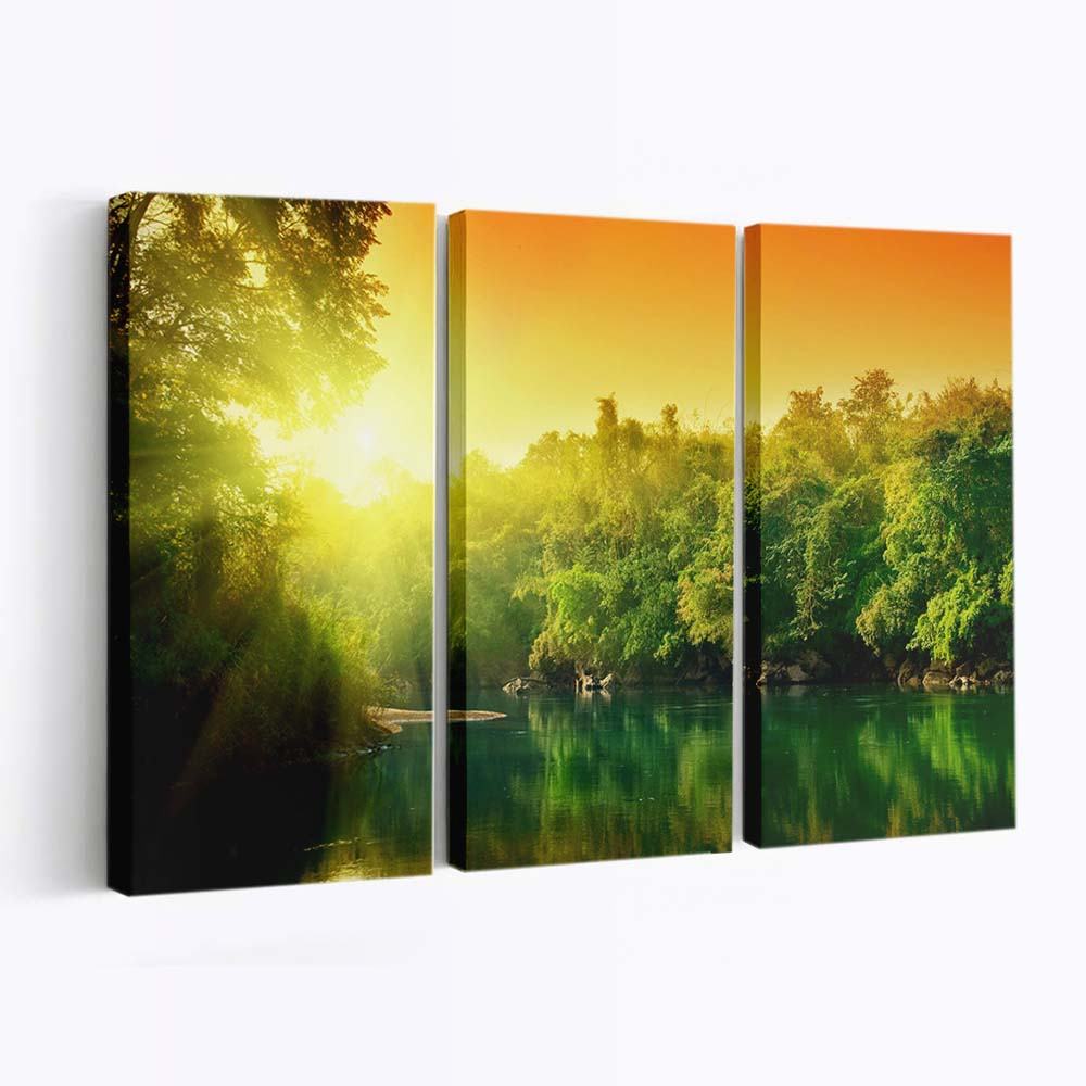 lush green forest river at sunrise wallpaper