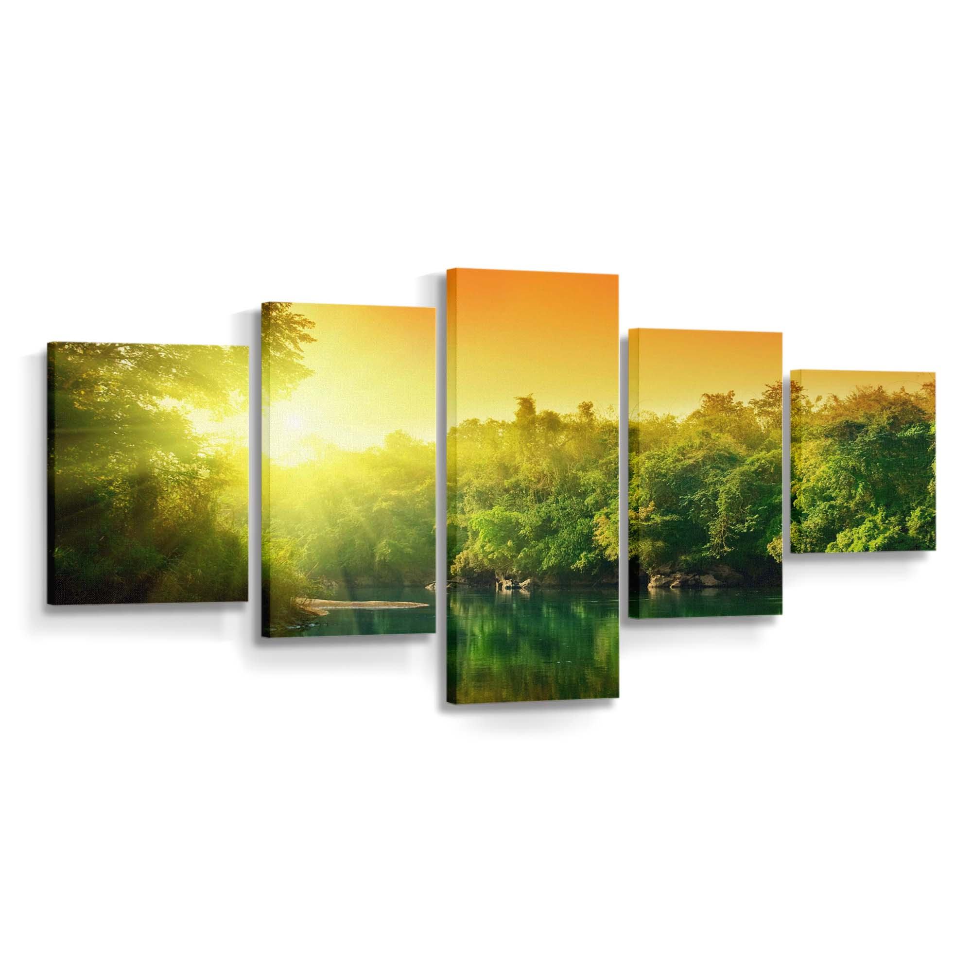 lush green forest river at sunrise wallpaper