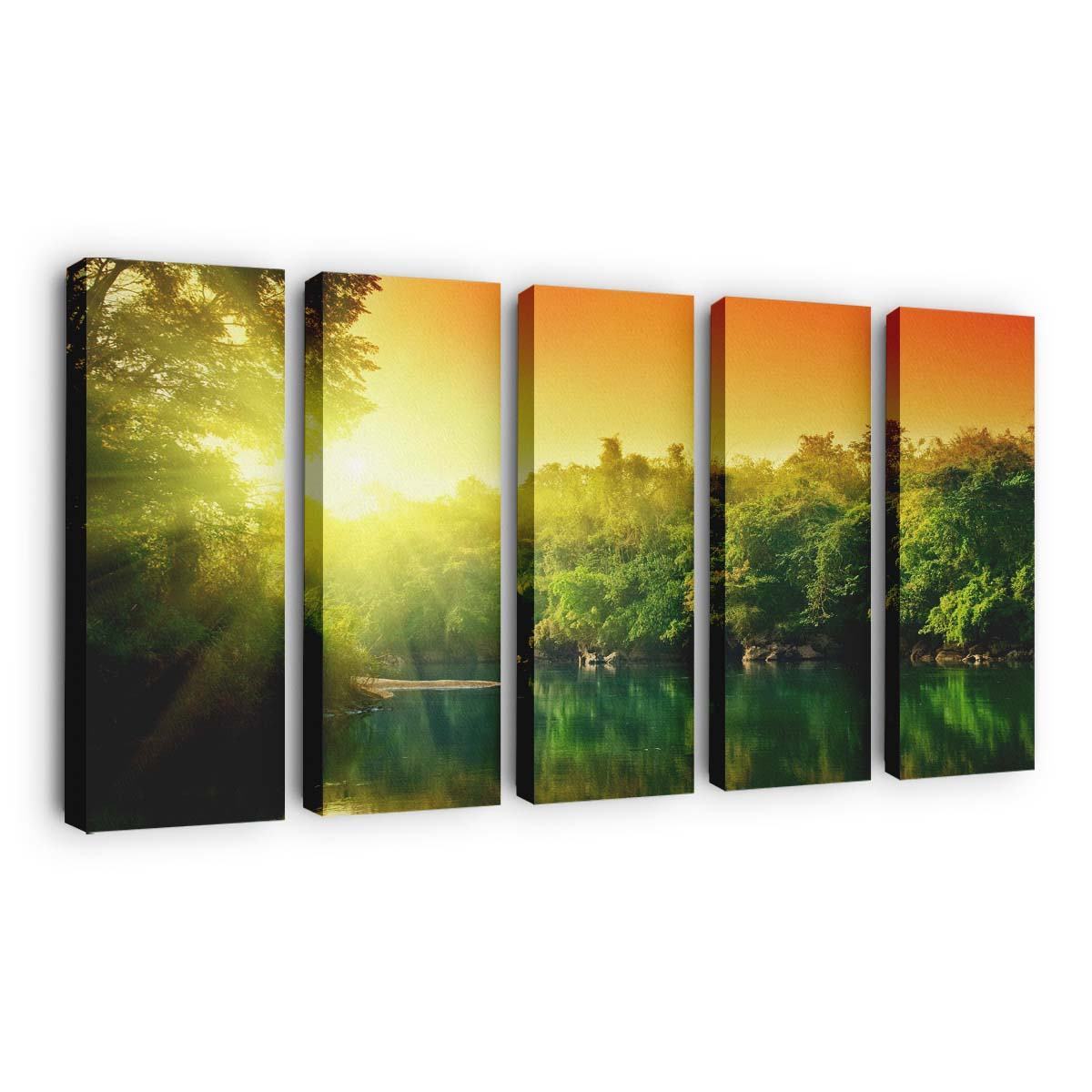 lush green forest river at sunrise wallpaper