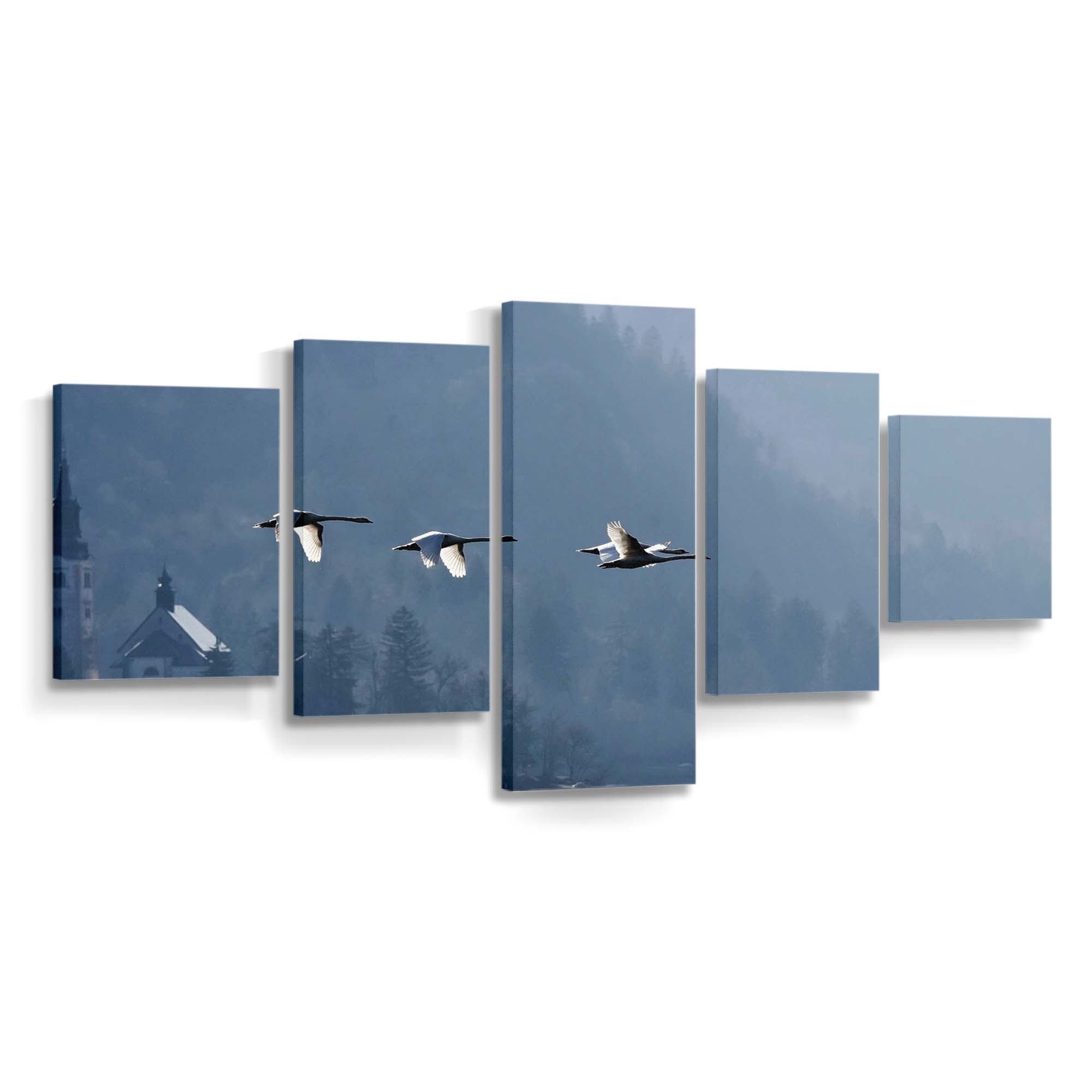 swans flying over lake bled by plastique aka vladimir odorcic wallpaper
