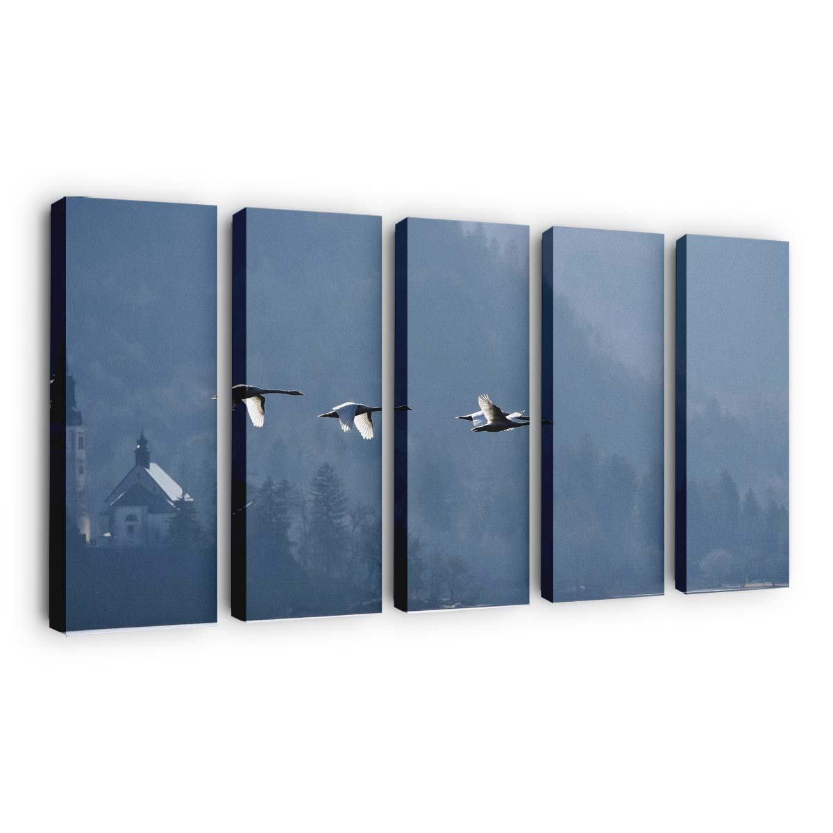 swans flying over lake bled by plastique aka vladimir odorcic wallpaper
