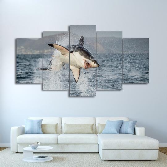 great white shark jumping breach air jaws ocean leinwandbilder kunstdrucke rahmen