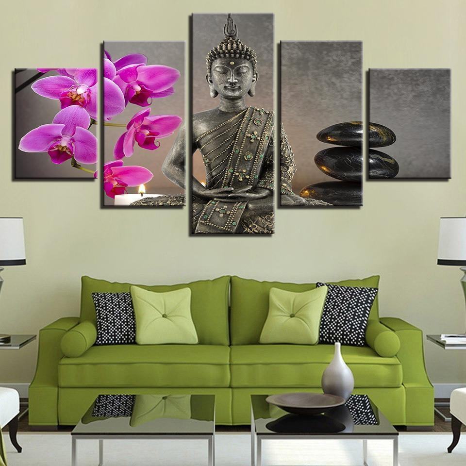 buddha with flower moth orchid stone candle religion leinwandbilder kunstdrucke rahmen