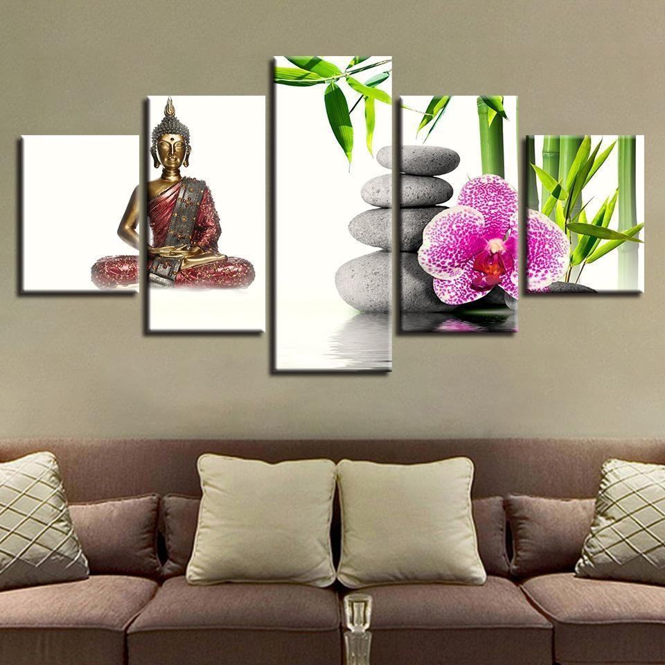 figure of buddha flowers bamboo religion leinwandbilder kunstdrucke rahmen