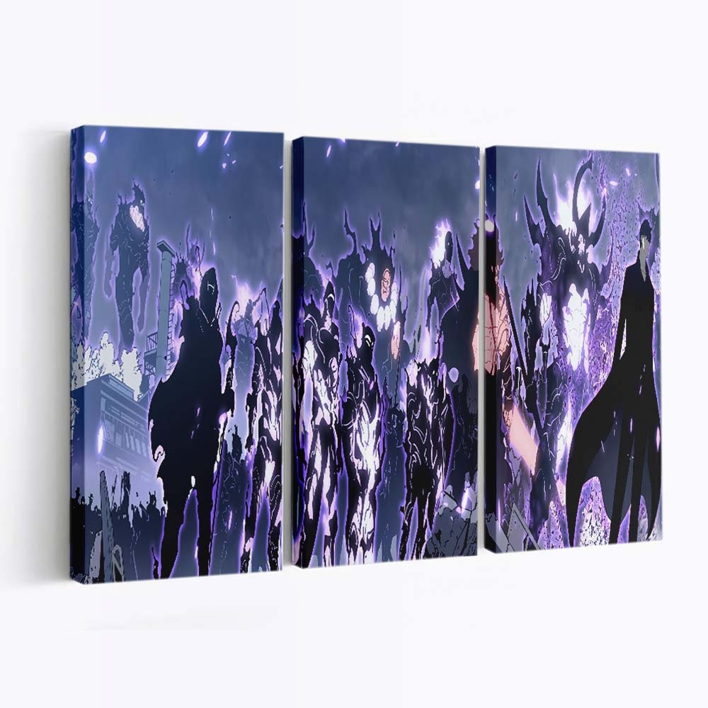 Anime Featuring Solo Leveling Wia Dark Dramatic - Anime Leinwandbild - Wanddeko hd anime wallpaper featuring characters from solo leveling with a dark dramatic background and glo